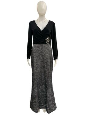 Cachet Black Top with Silver-Textured Maxi Skirt